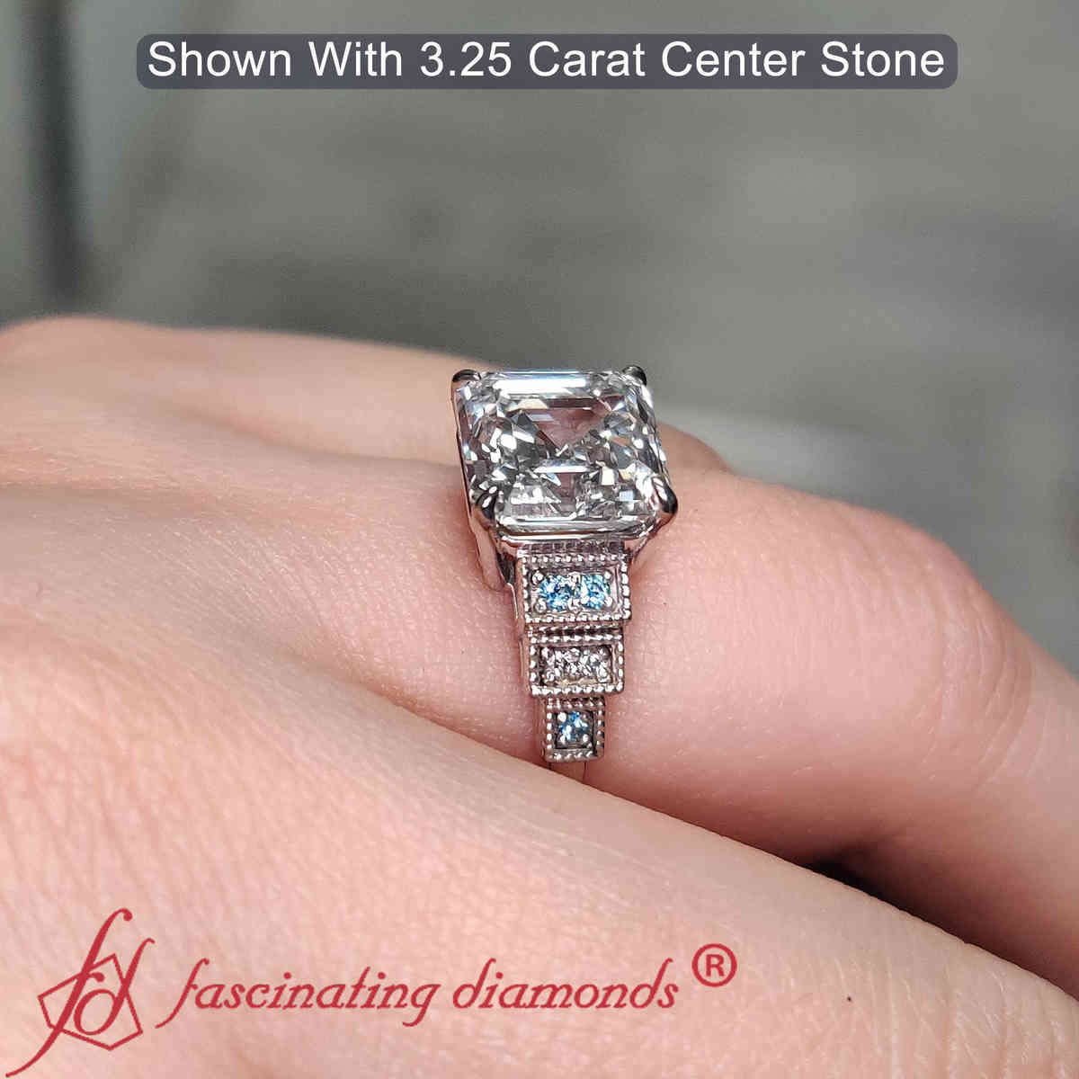 3 Carat Asscher Cut Lab Diamond Art Deco Ring with 18K White Gold Ice Blue Topaz