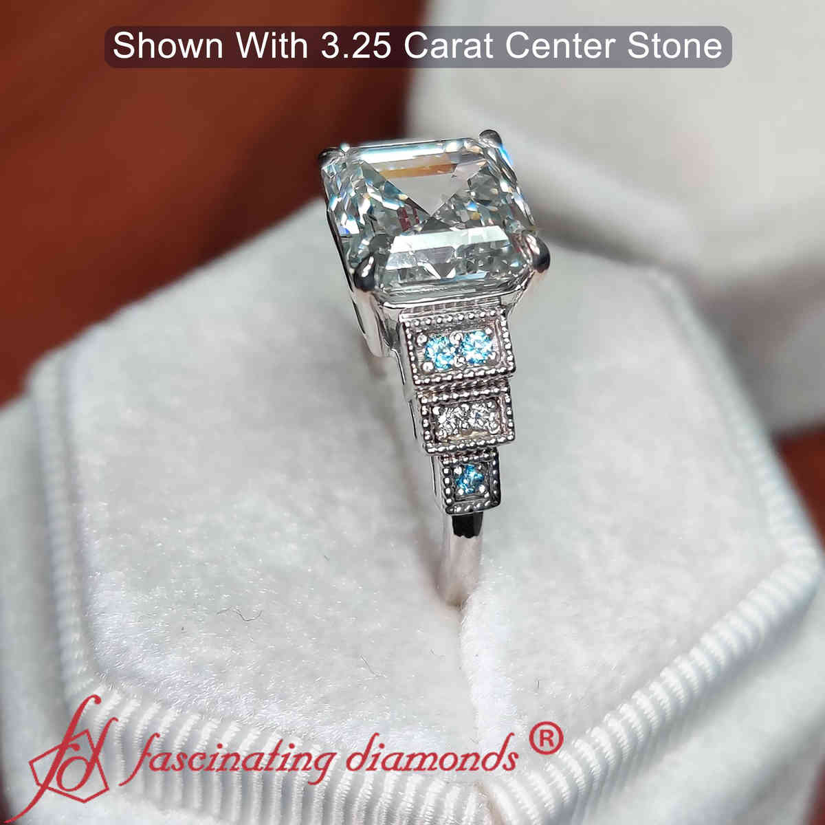 3 Carat Asscher Cut Lab Diamond Art Deco Ring with 18K White Gold Ice Blue Topaz