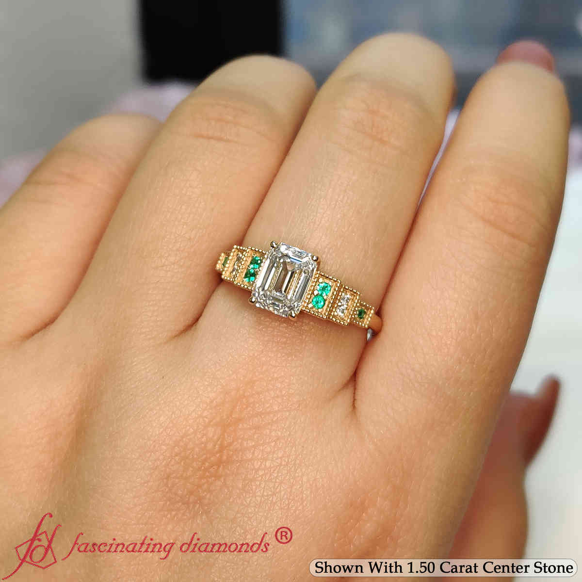 Emerald Shaped Art Deco Step Engagement Ring with Green Emerald in 14K Yellow Gold