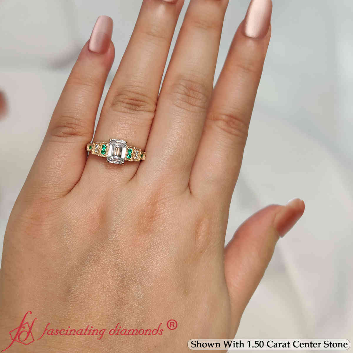Emerald Shaped Art Deco Step Engagement Ring with Green Emerald in 14K Yellow Gold