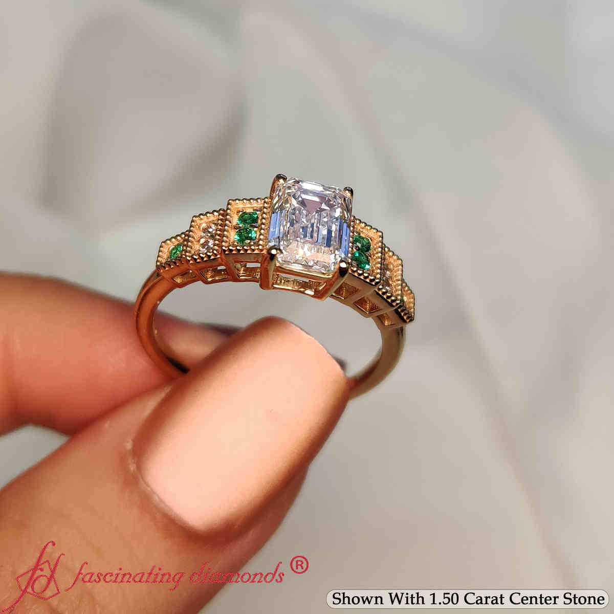 Emerald Shaped Art Deco Step Engagement Ring with Green Emerald in 14K Yellow Gold