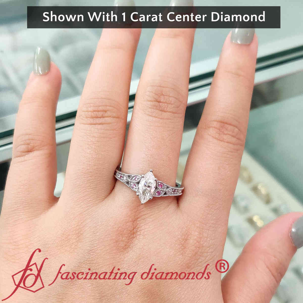 One Carat Split Band Marquise Ring with 14K White Gold Pink Sapphire