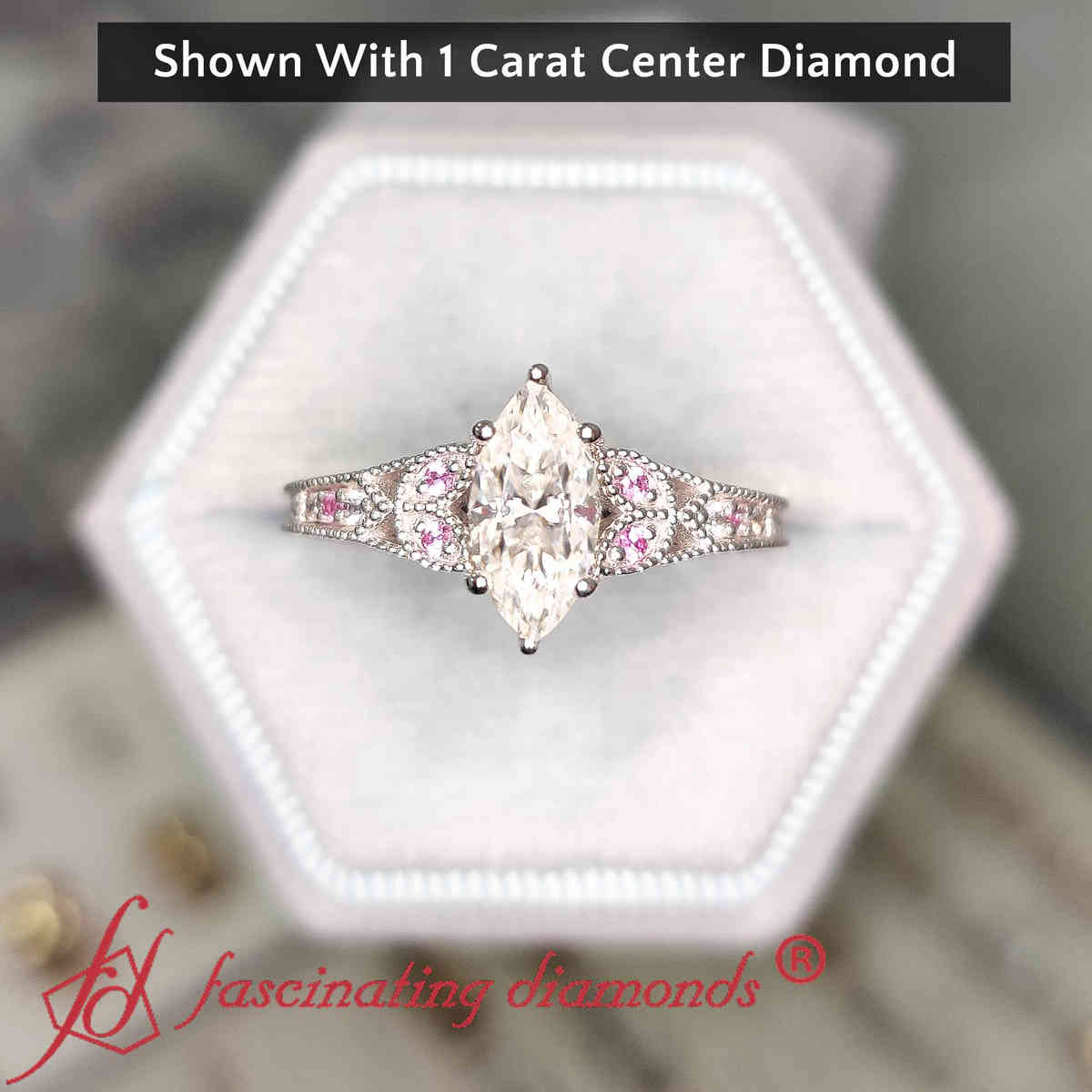 One Carat Split Band Marquise Ring with 14K White Gold Pink Sapphire