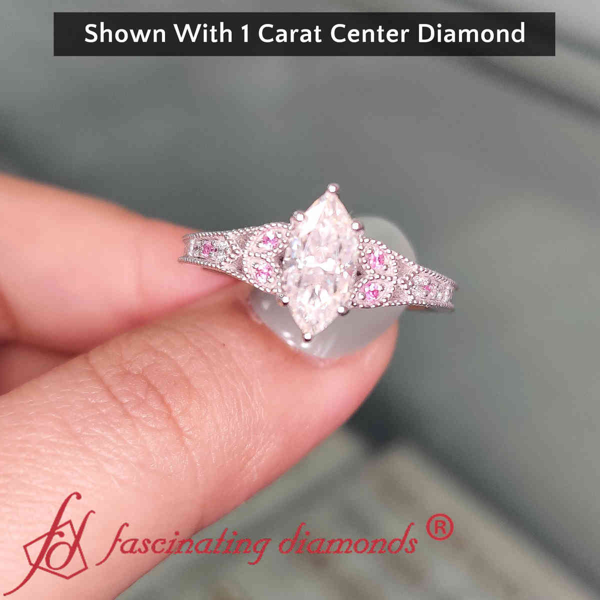 One Carat Split Band Marquise Ring with 14K White Gold Pink Sapphire
