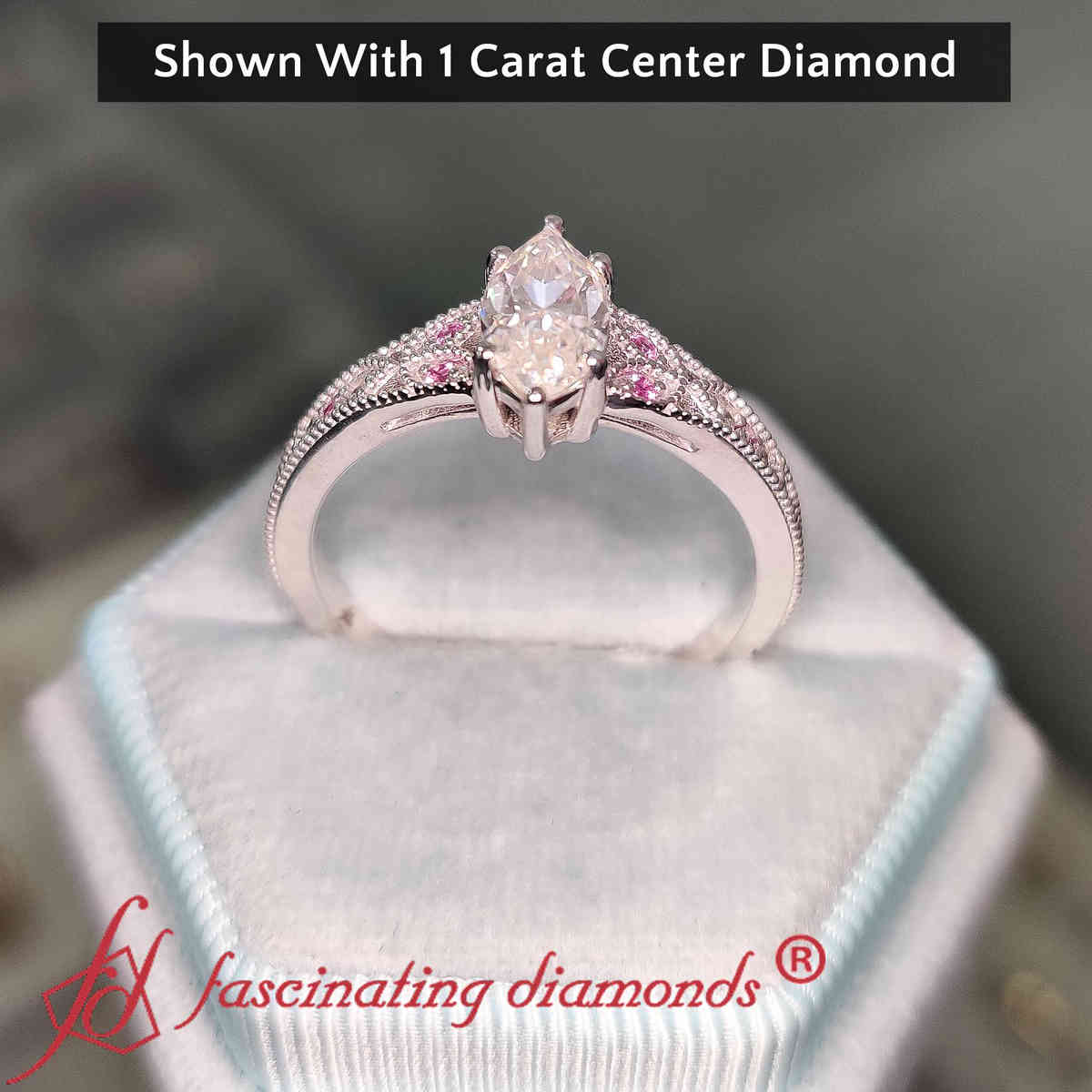 One Carat Split Band Marquise Ring with 14K White Gold Pink Sapphire