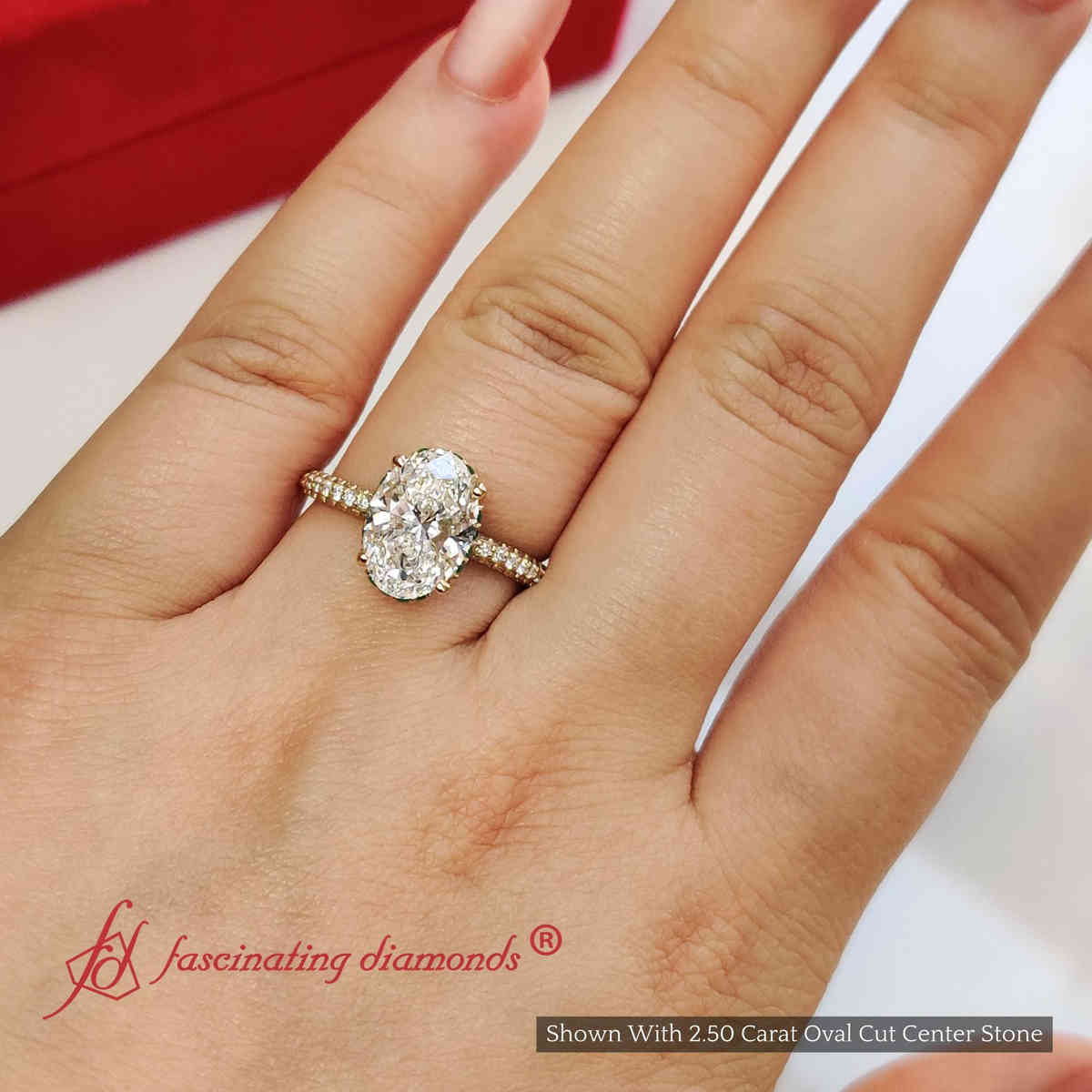 3 Carat Oval Lab Diamond Three Row Engagement Ring with 18K Yellow Gold Green Emerald