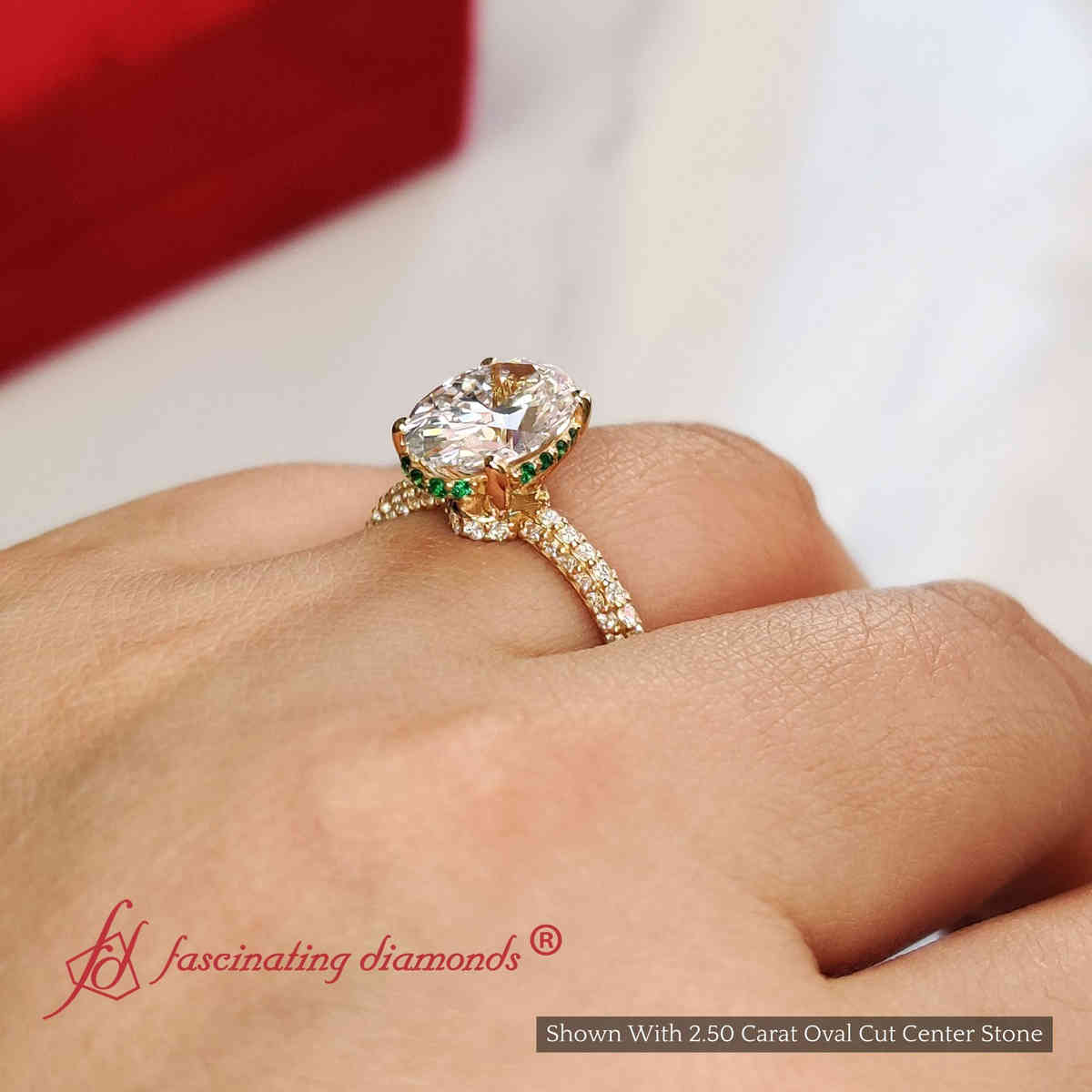 3 Carat Oval Lab Diamond Three Row Engagement Ring with 18K Yellow Gold Green Emerald