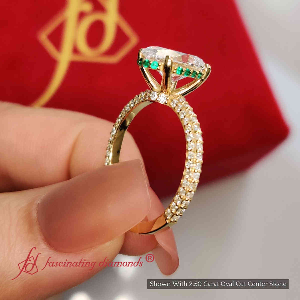 3 Carat Oval Lab Diamond Three Row Engagement Ring with 18K Yellow Gold Green Emerald