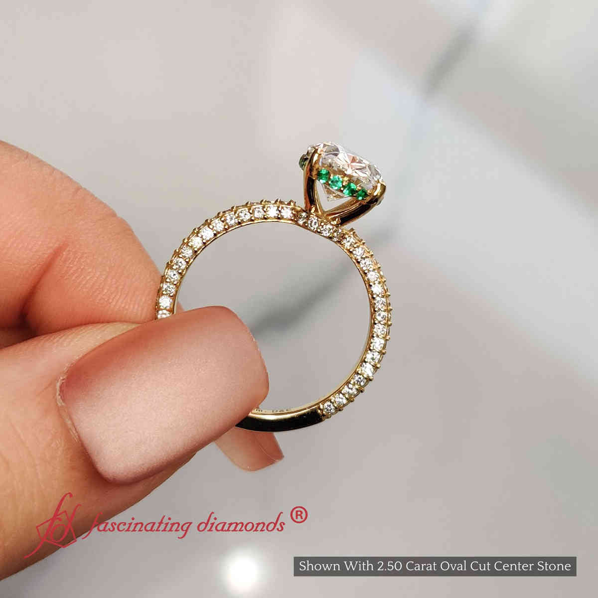 3 Carat Oval Lab Diamond Three Row Engagement Ring with 18K Yellow Gold Green Emerald