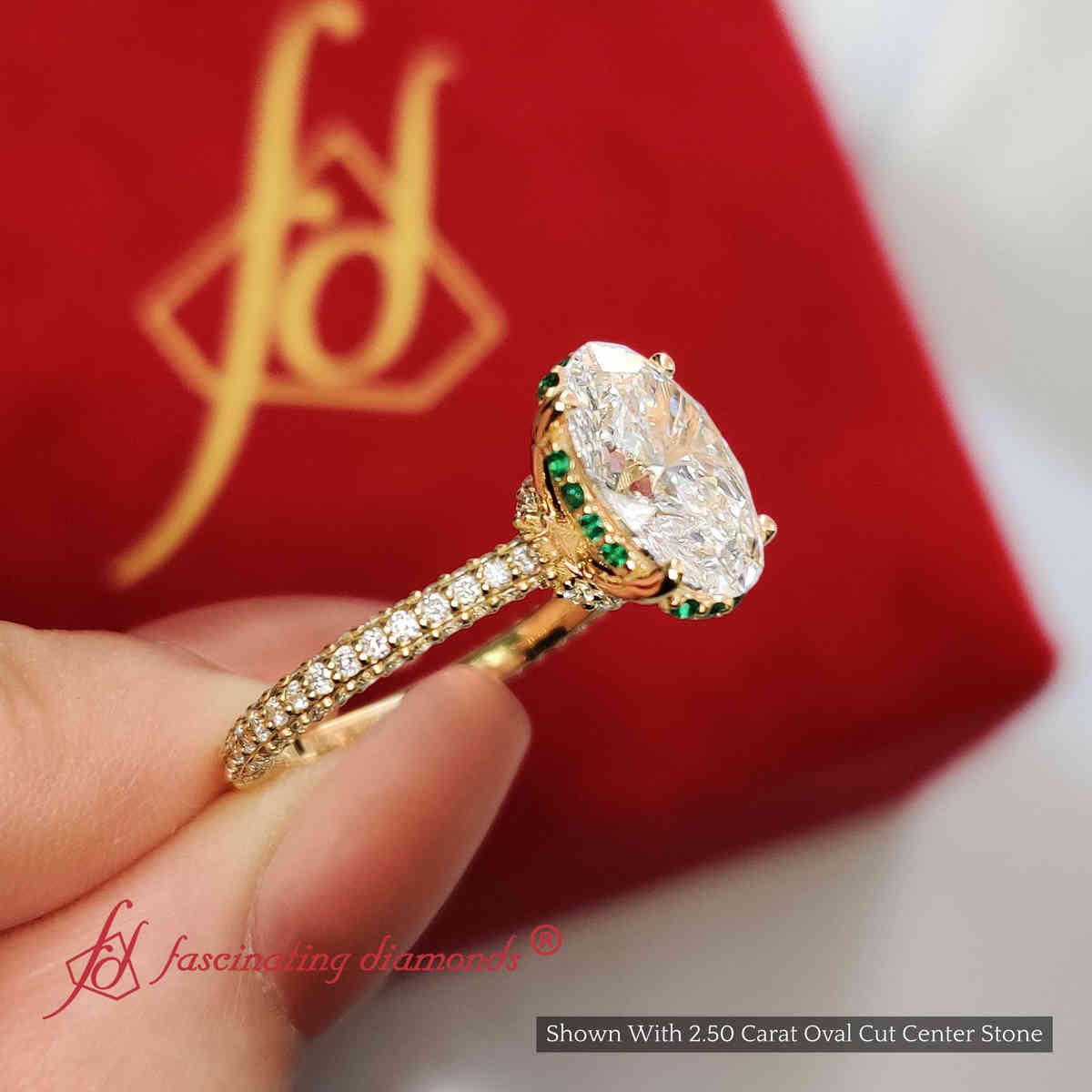 3 Carat Oval Lab Diamond Three Row Engagement Ring with 18K Yellow Gold Green Emerald