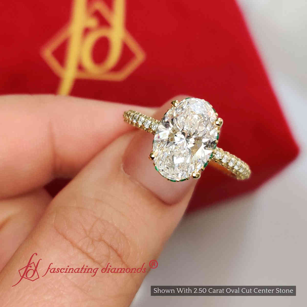 3 Carat Oval Lab Diamond Three Row Engagement Ring with 18K Yellow Gold Green Emerald