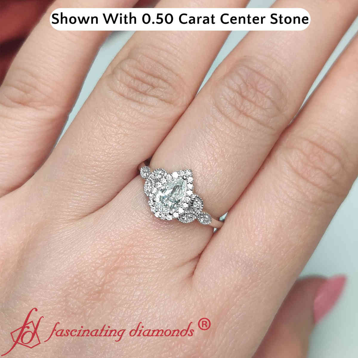 Pear Shaped Leaves Halo Engagement Ring with White Diamond in 14K White Gold