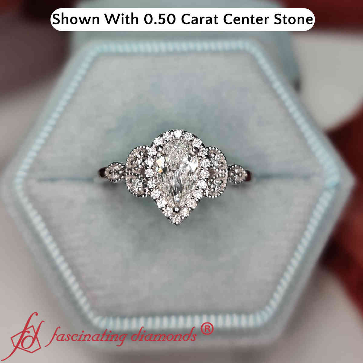 Pear Shaped Leaves Halo Engagement Ring with White Diamond in 14K White Gold