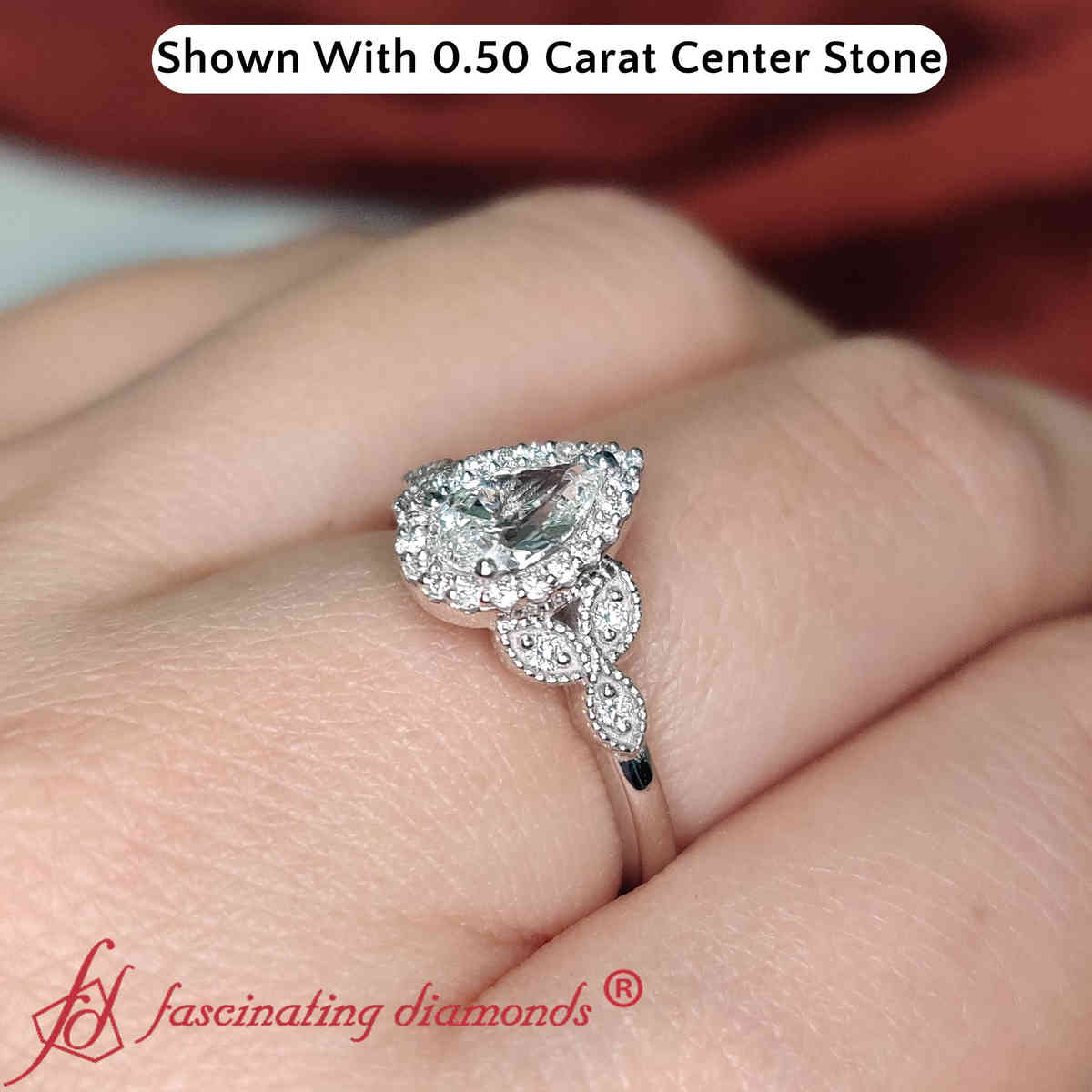 0.50 Carat Pear Diamond Halo Bridal Engagement Ring with 14K White Gold White Diamond