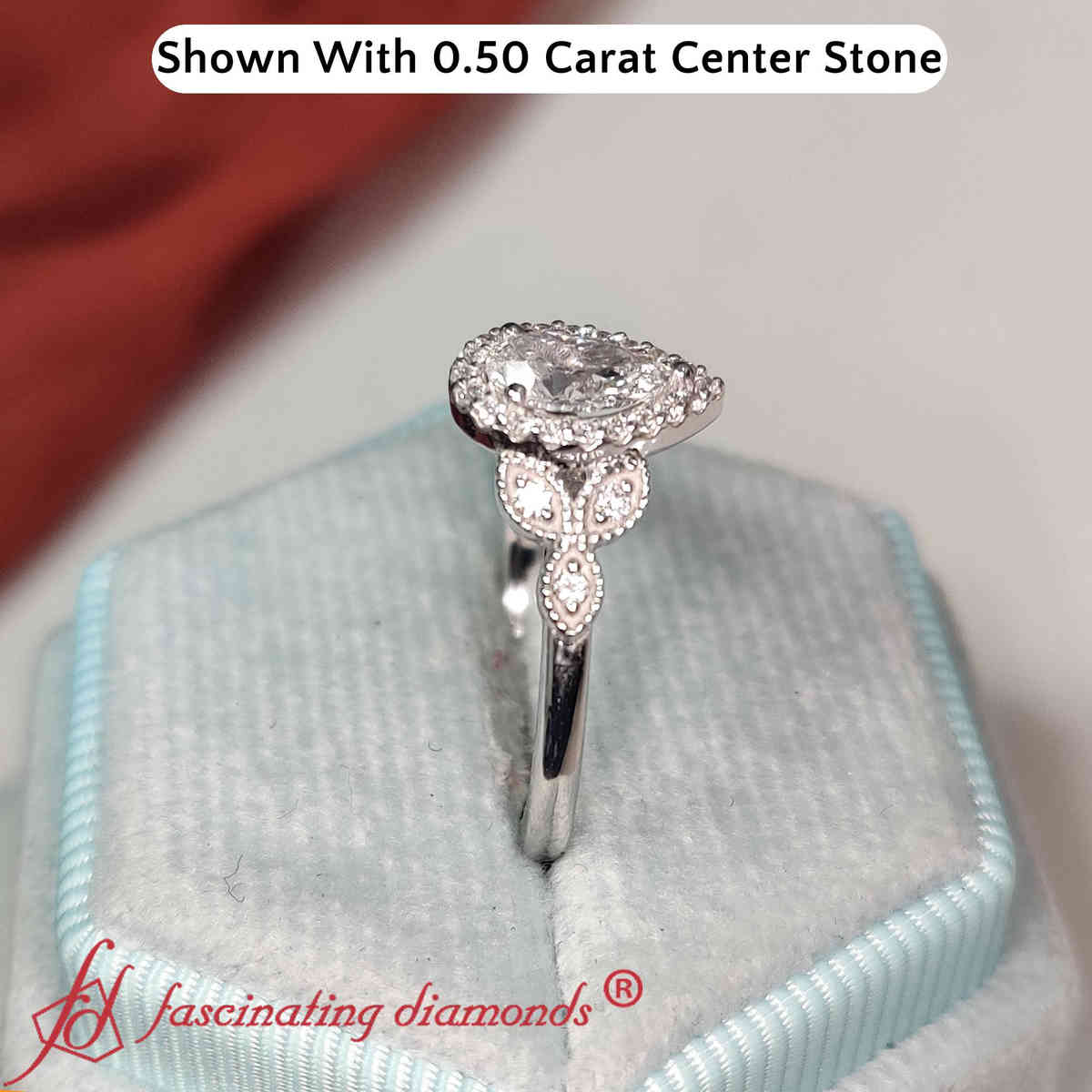 0.50 Carat Pear Diamond Halo Bridal Engagement Ring with 14K White Gold White Diamond
