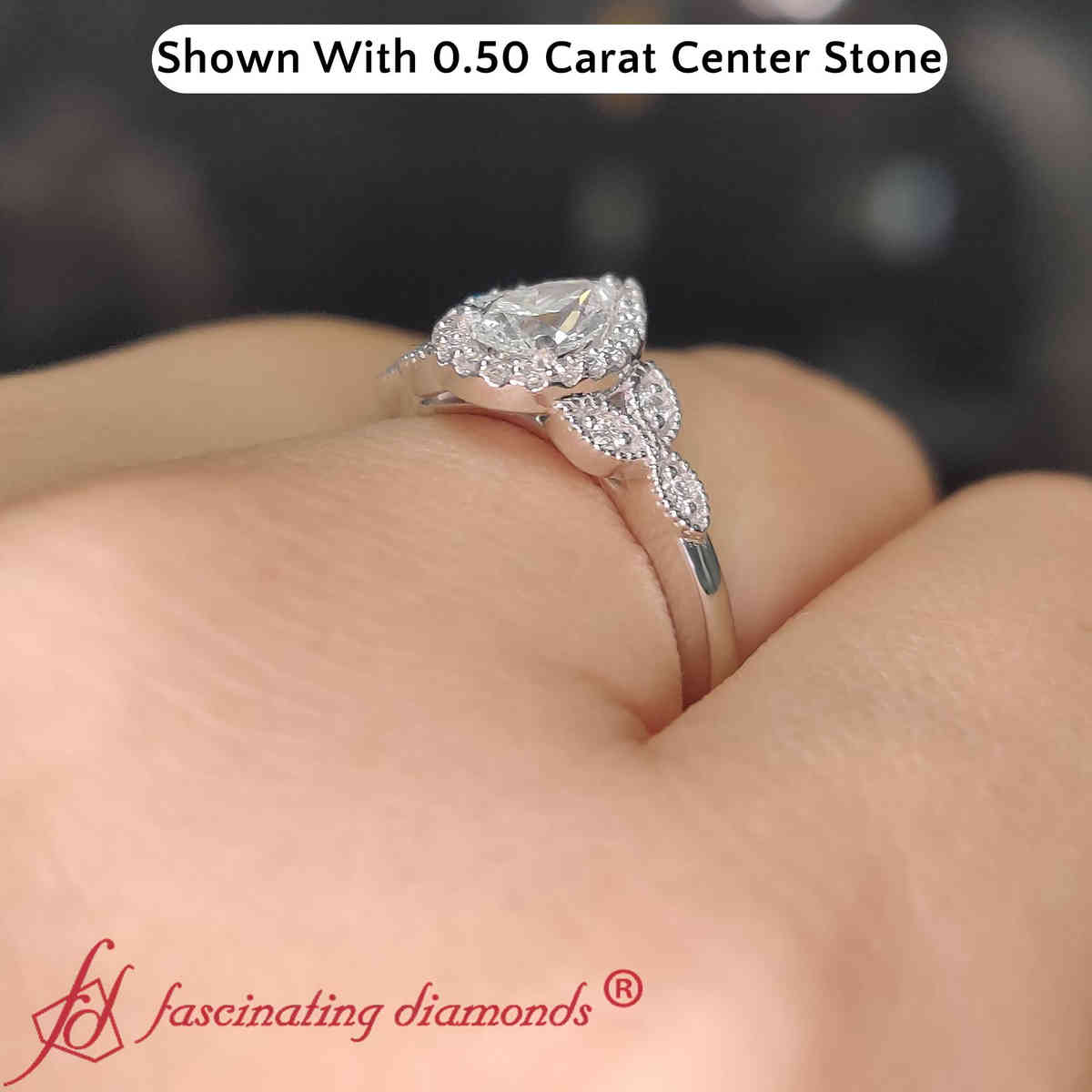 0.50 Carat Pear Diamond Halo Bridal Engagement Ring with 14K White Gold White Diamond