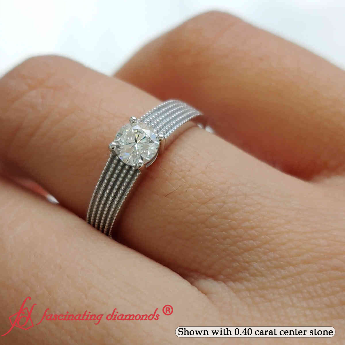 Round Shaped Thick Band Solitaire Antique Ring with undefined in 14K White Gold