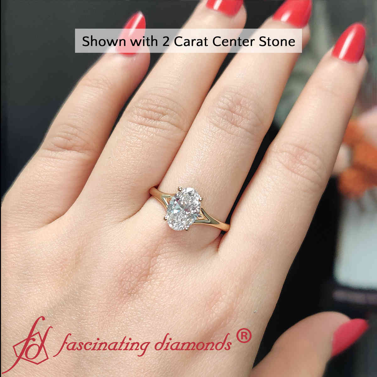 Oval Shaped Semi Split Shank Solitaire Ring with undefined in 14K Yellow Gold