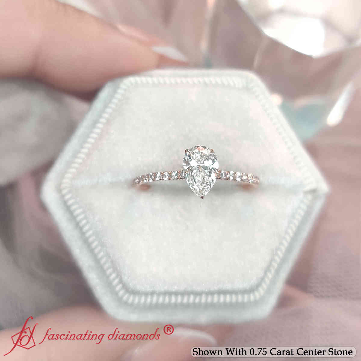 Petite Half Coverage Pear Diamond Engagement Ring with 14K Rose Gold White Diamond