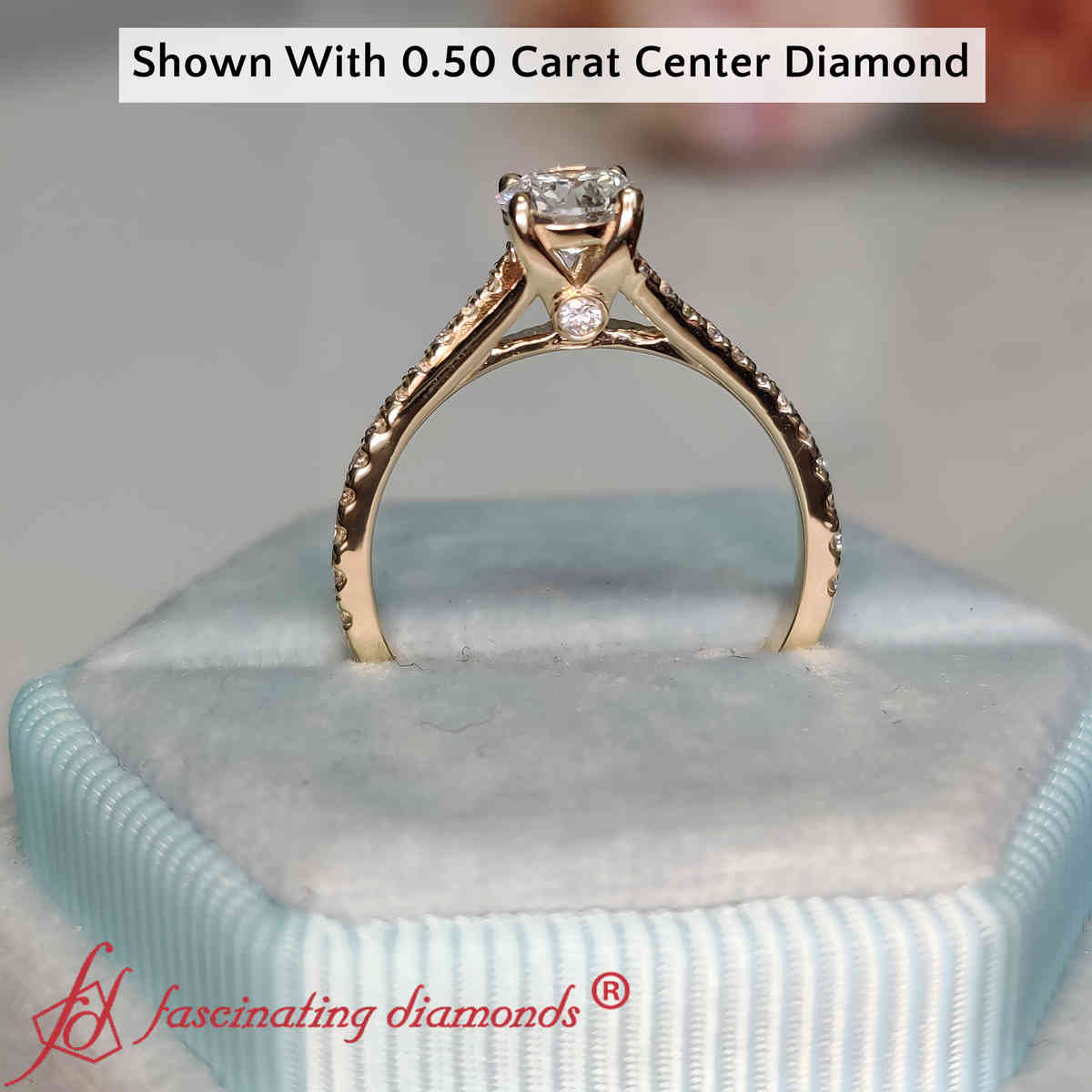 Half Carat Round Cut Split Diamond Ring with 14K Yellow Gold White Diamond