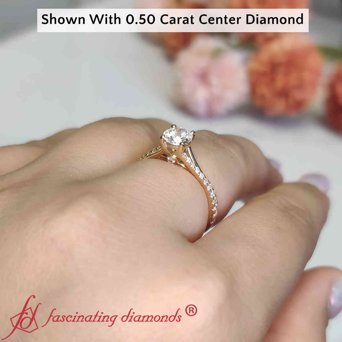 Half Carat Round Cut Split Diamond Ring with 14K Yellow Gold White Diamond