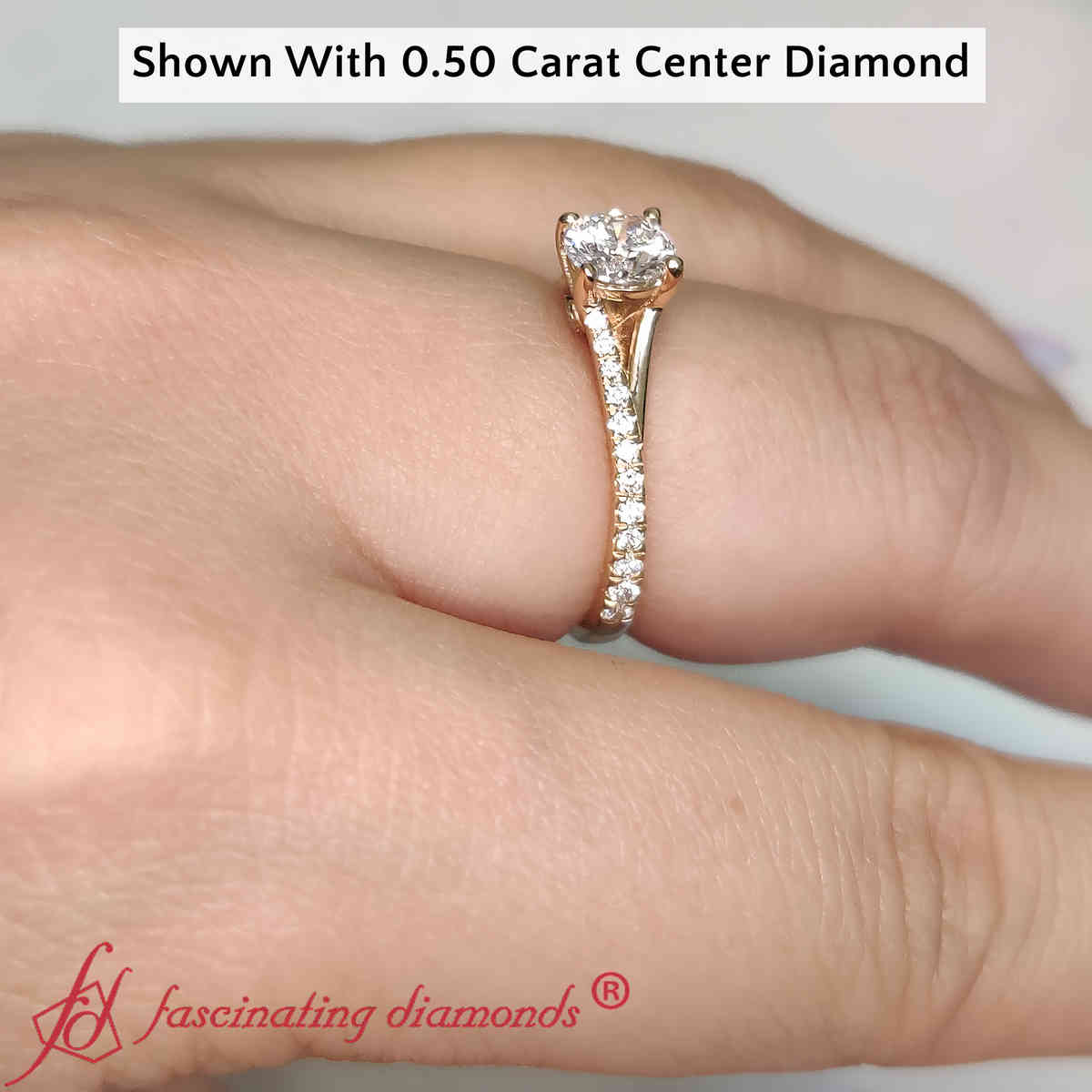 Half Carat Round Cut Split Diamond Ring with 14K Yellow Gold White Diamond