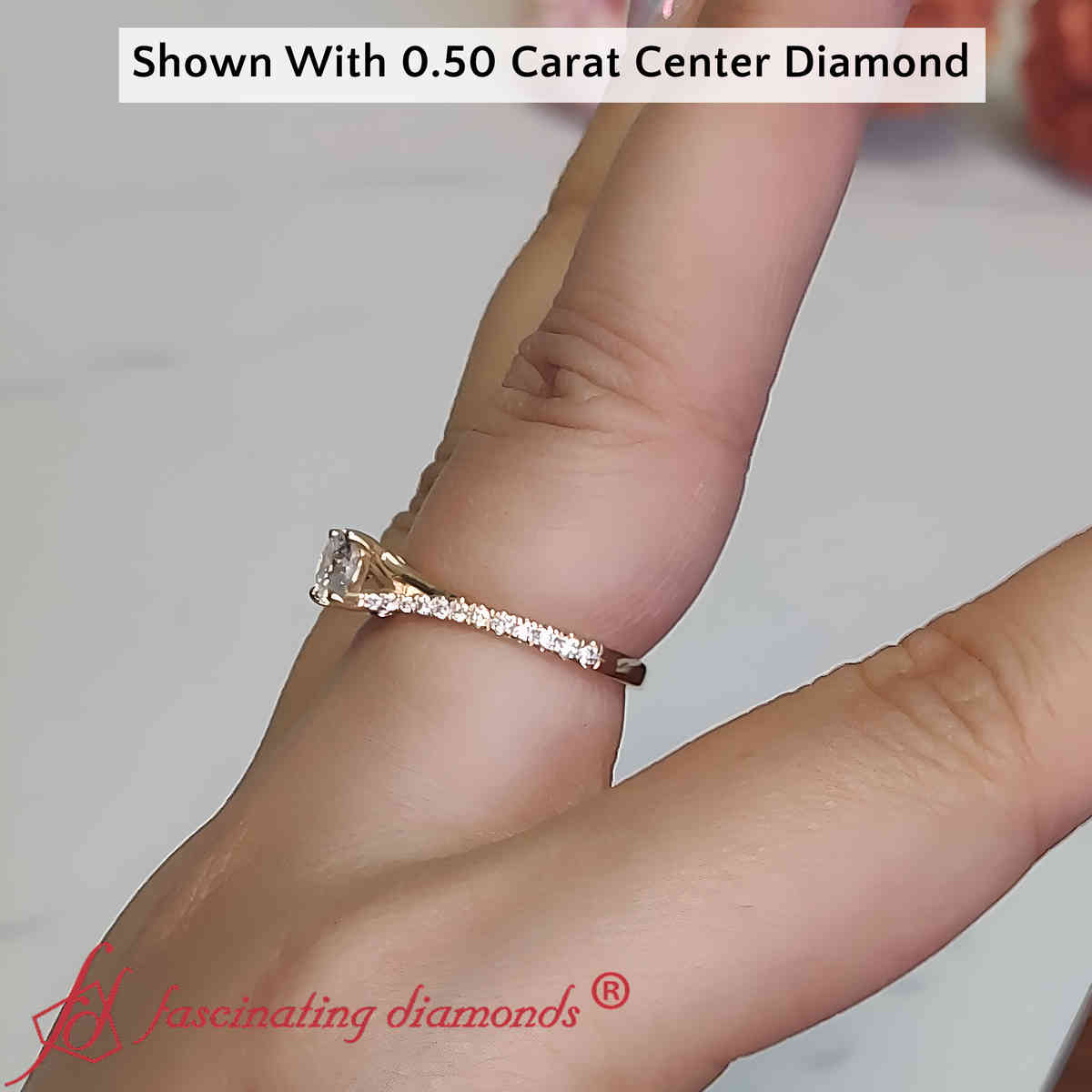 Half Carat Round Cut Split Diamond Ring with 14K Yellow Gold White Diamond