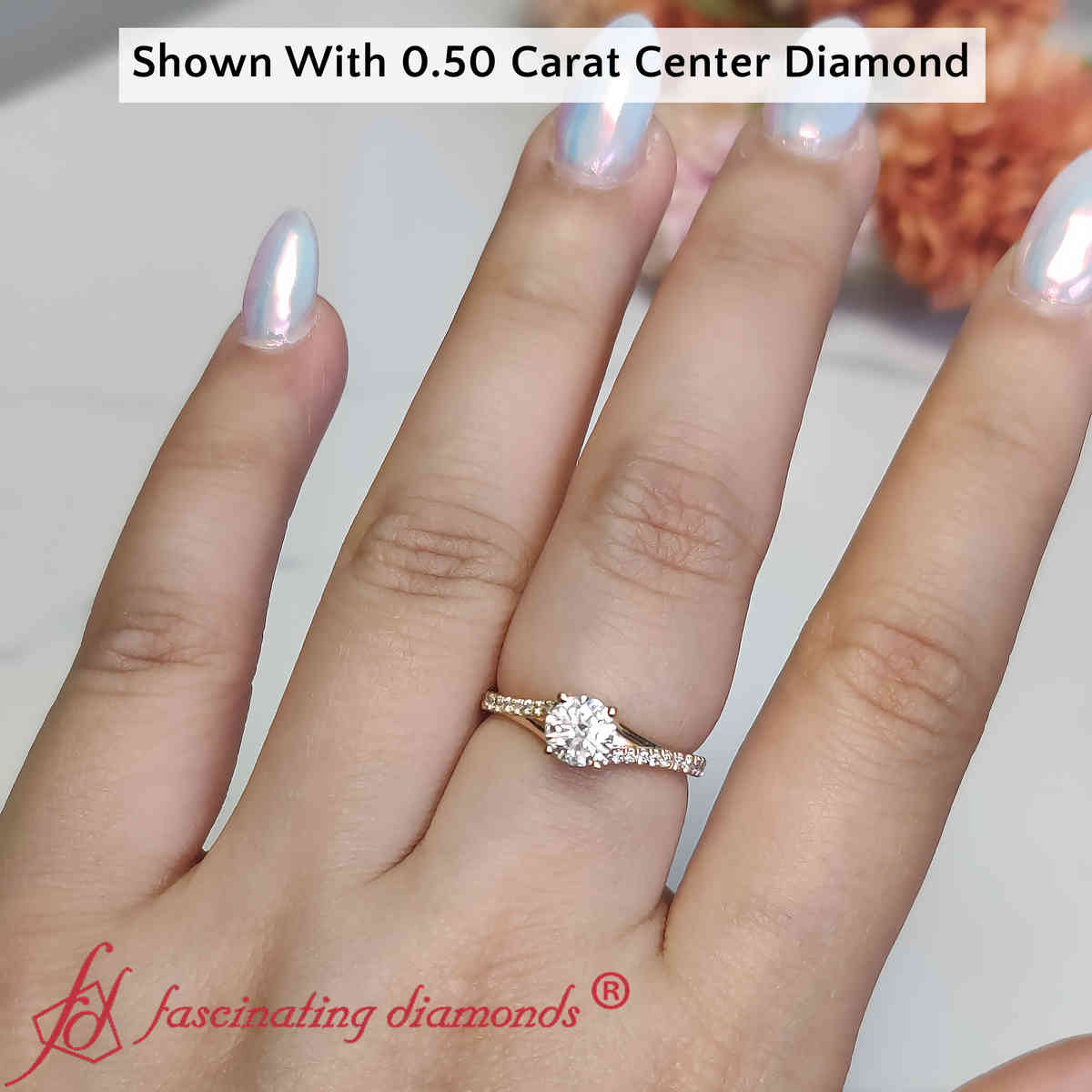 Half Carat Round Cut Split Diamond Ring with 14K Yellow Gold White Diamond