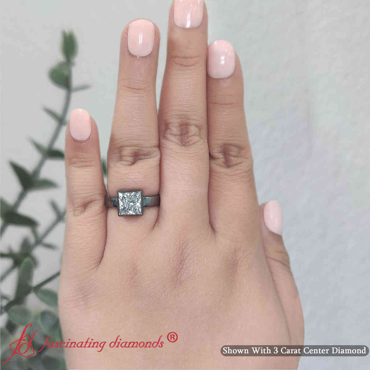 3 Carat Princess Cut Lab Diamond Bezel Black Gold Ring with 18K Black Gold White Diamond