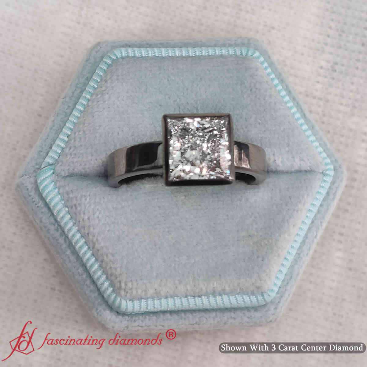 3 Carat Princess Cut Lab Diamond Bezel Black Gold Ring with 18K Black Gold White Diamond