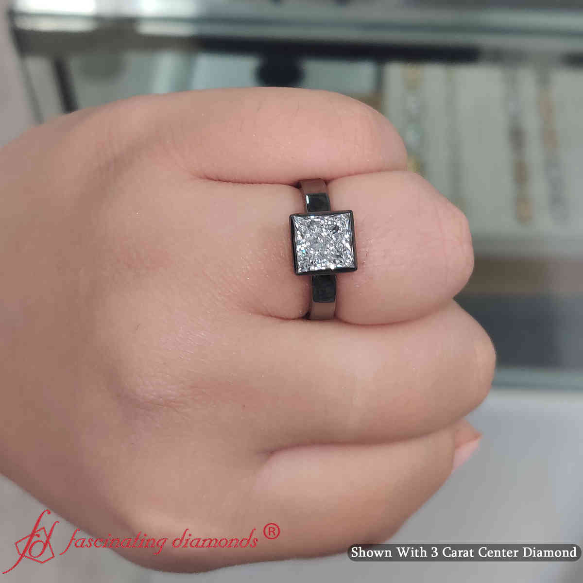 3 Carat Princess Cut Lab Diamond Bezel Black Gold Ring with 18K Black Gold White Diamond