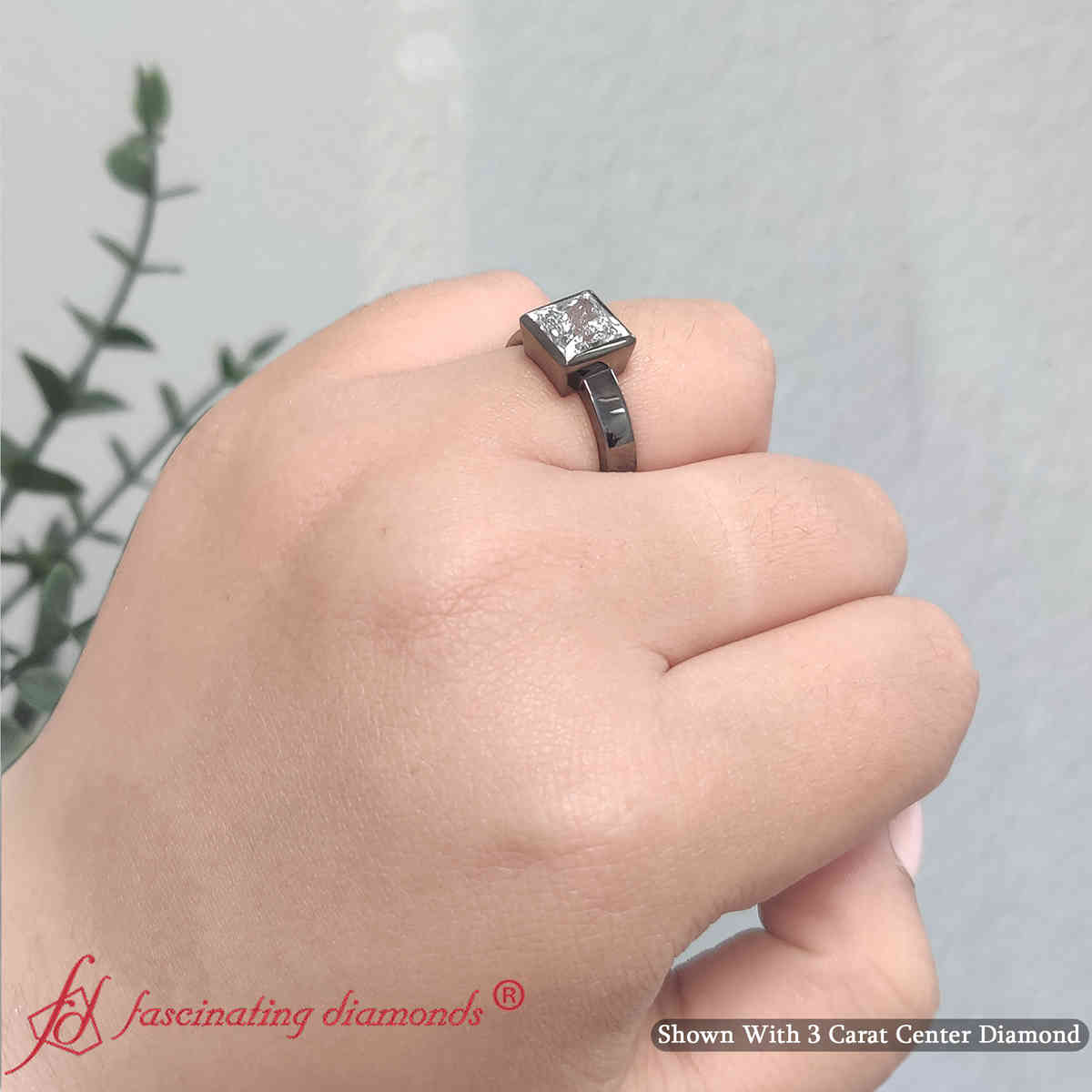 3 Carat Princess Cut Lab Diamond Bezel Black Gold Ring with 18K Black Gold White Diamond