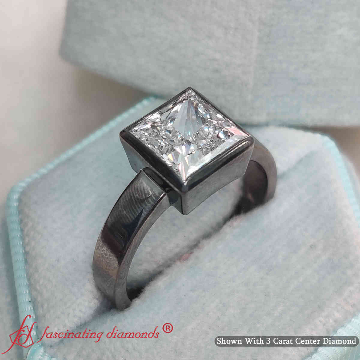 3 Carat Princess Cut Lab Diamond Bezel Black Gold Ring with 18K Black Gold White Diamond