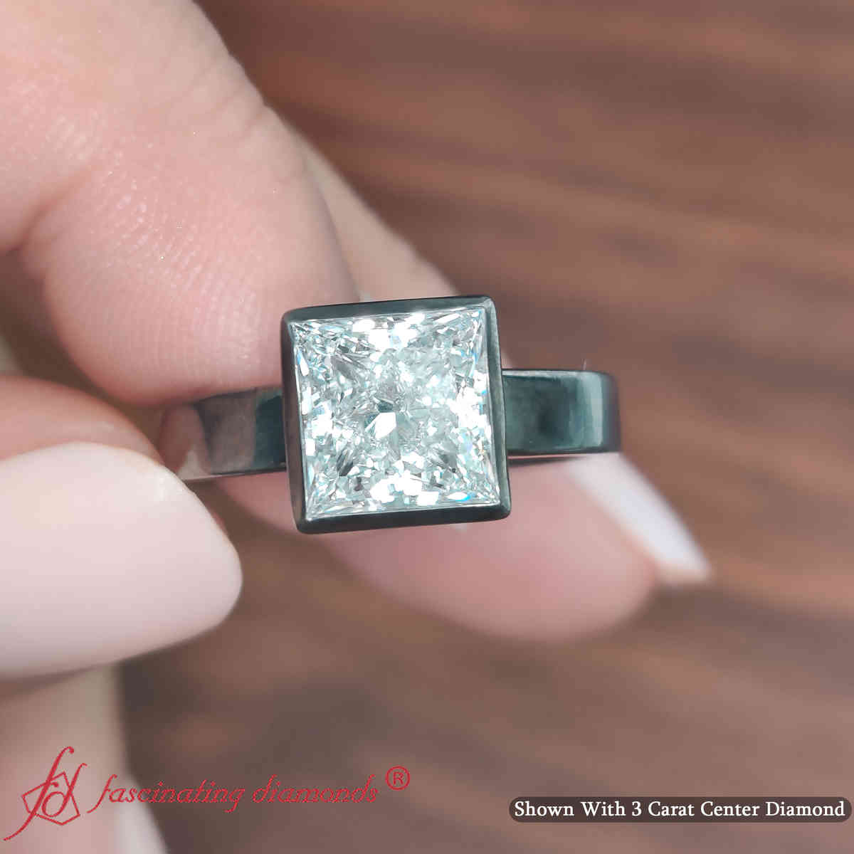 3 Carat Princess Cut Lab Diamond Bezel Black Gold Ring with 18K Black Gold White Diamond