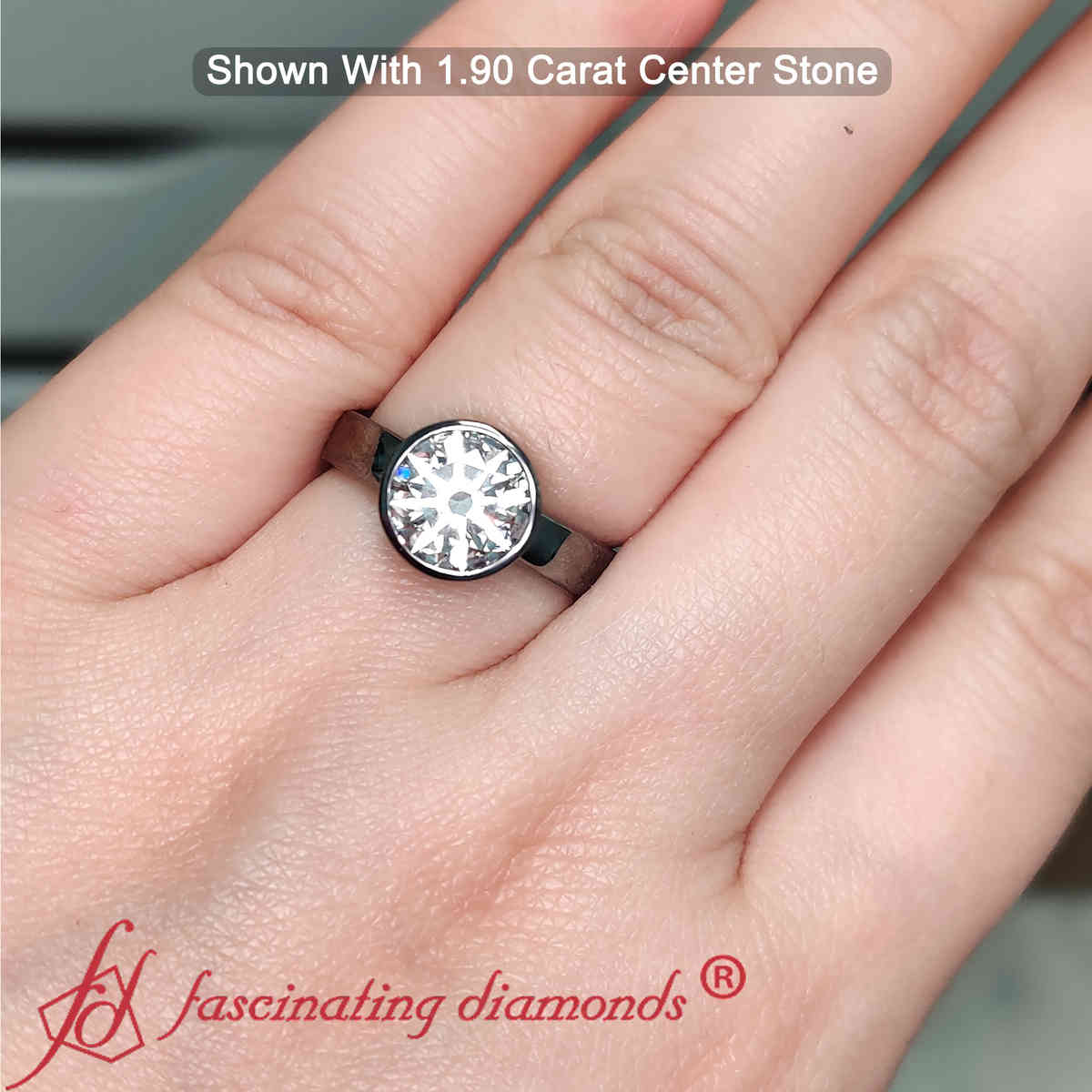 Round Cut Lab Diamond 2 Carat Simple Bezel Ring with 14K Black Gold White Diamond