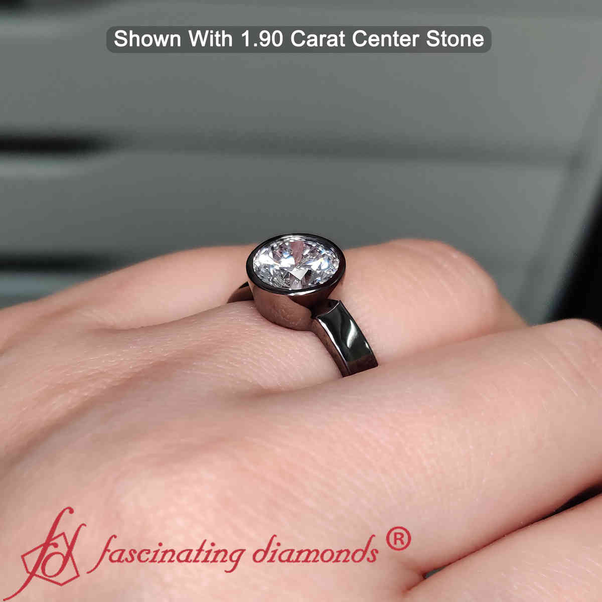 Round Cut Lab Diamond 2 Carat Simple Bezel Ring with 14K Black Gold White Diamond