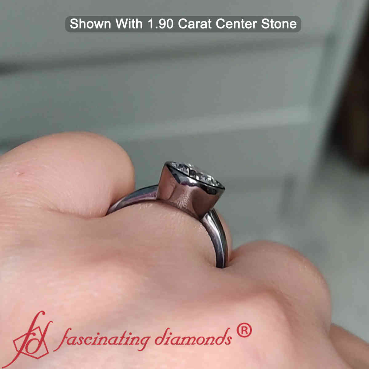 Round Cut Lab Diamond 2 Carat Simple Bezel Ring with 14K Black Gold White Diamond