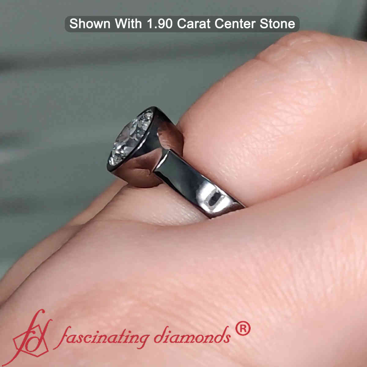 Round Cut Lab Diamond 2 Carat Simple Bezel Ring with 14K Black Gold White Diamond