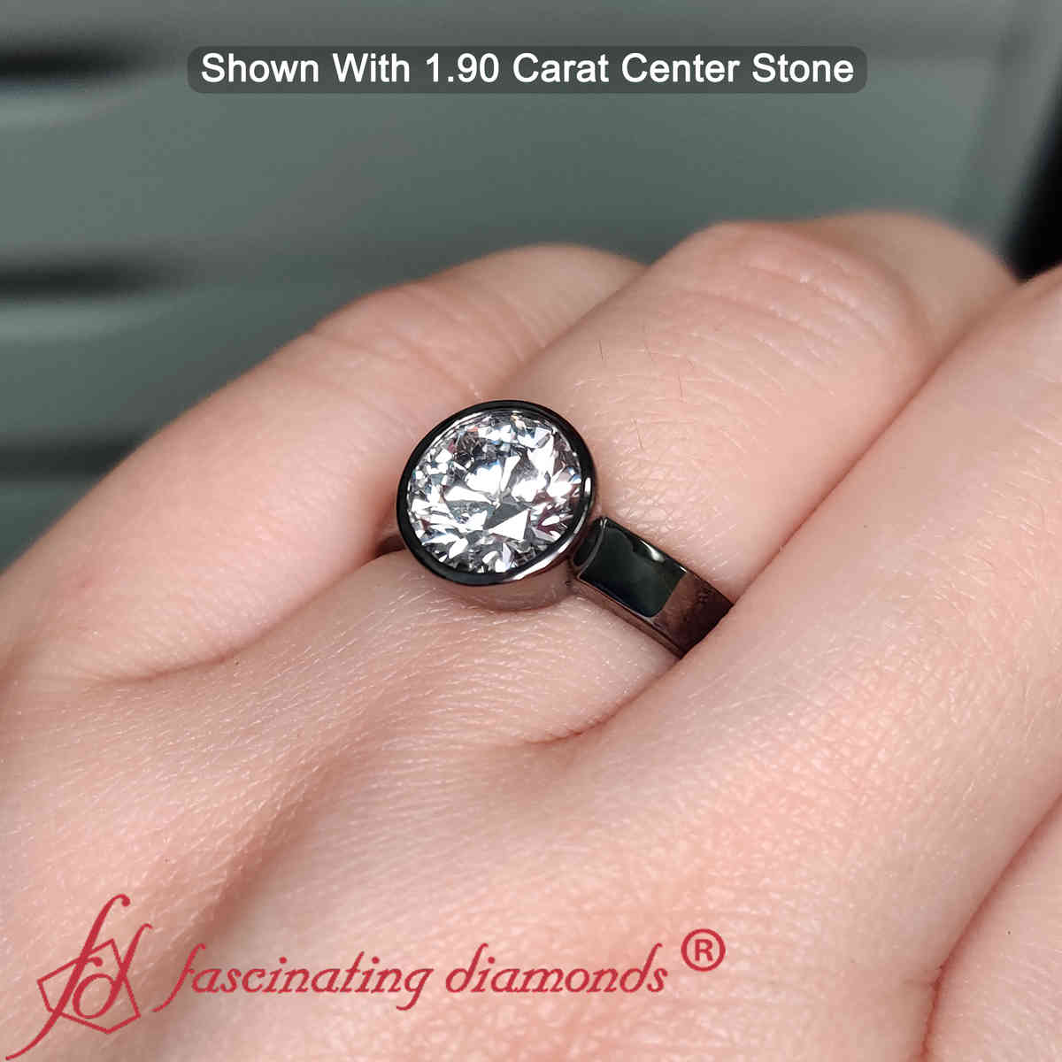 Round Cut Lab Diamond 2 Carat Simple Bezel Ring with 14K Black Gold White Diamond