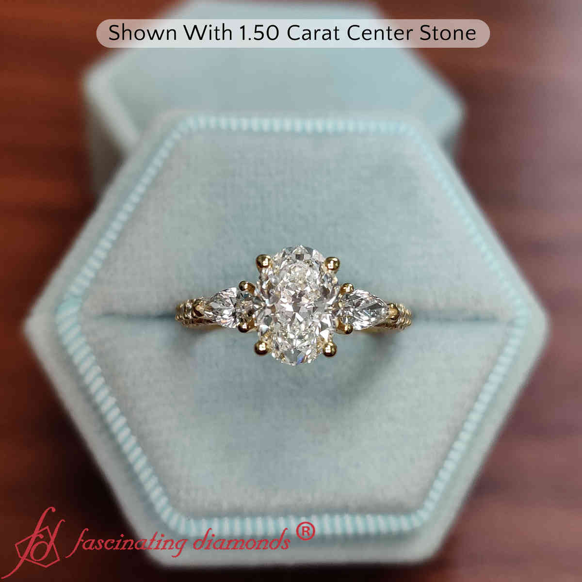 1.50 Ct. Oval Shaped Diamond 3 Stone Ring with 14K Yellow Gold White Diamond