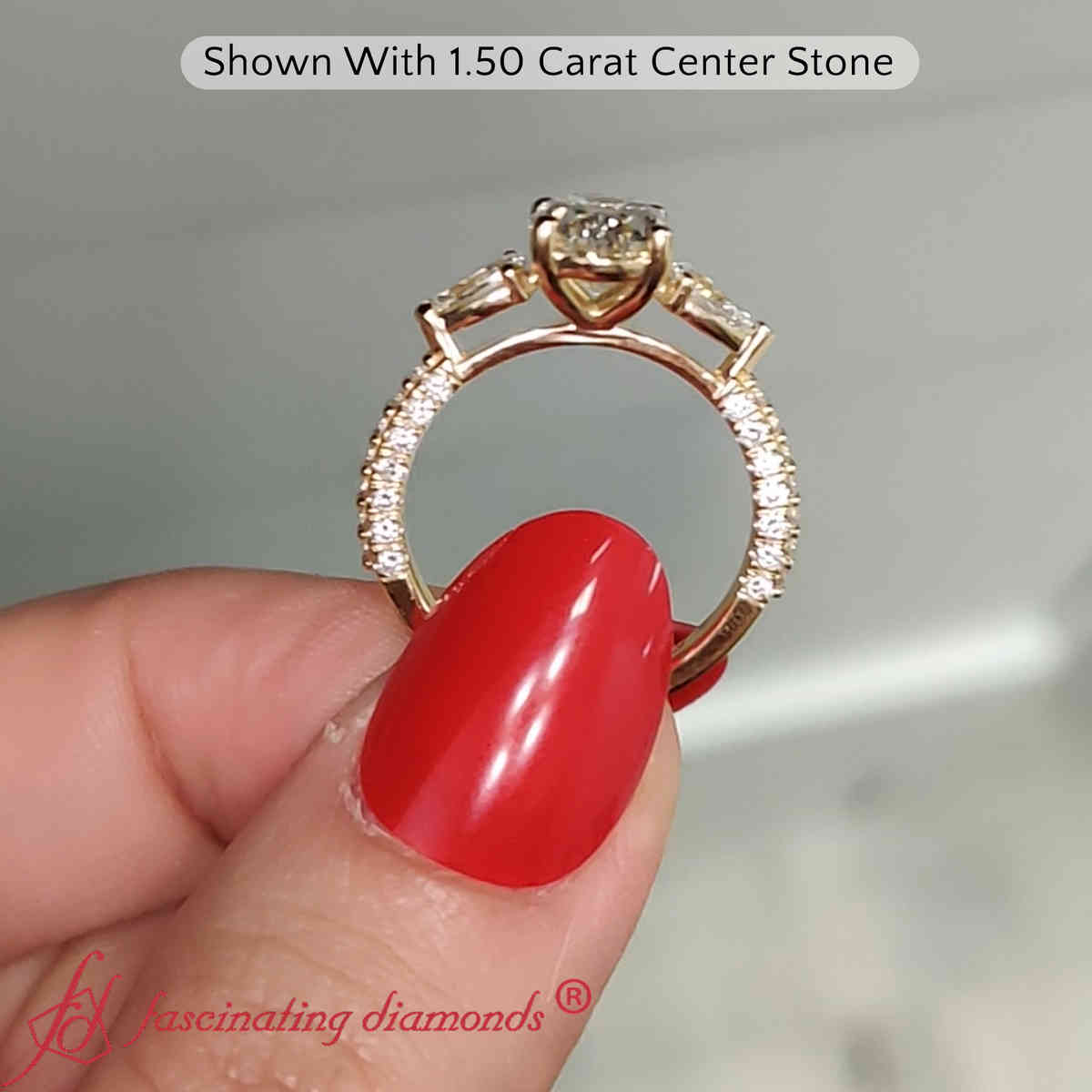 1.50 Ct. Oval Shaped Diamond 3 Stone Ring with 14K Yellow Gold White Diamond