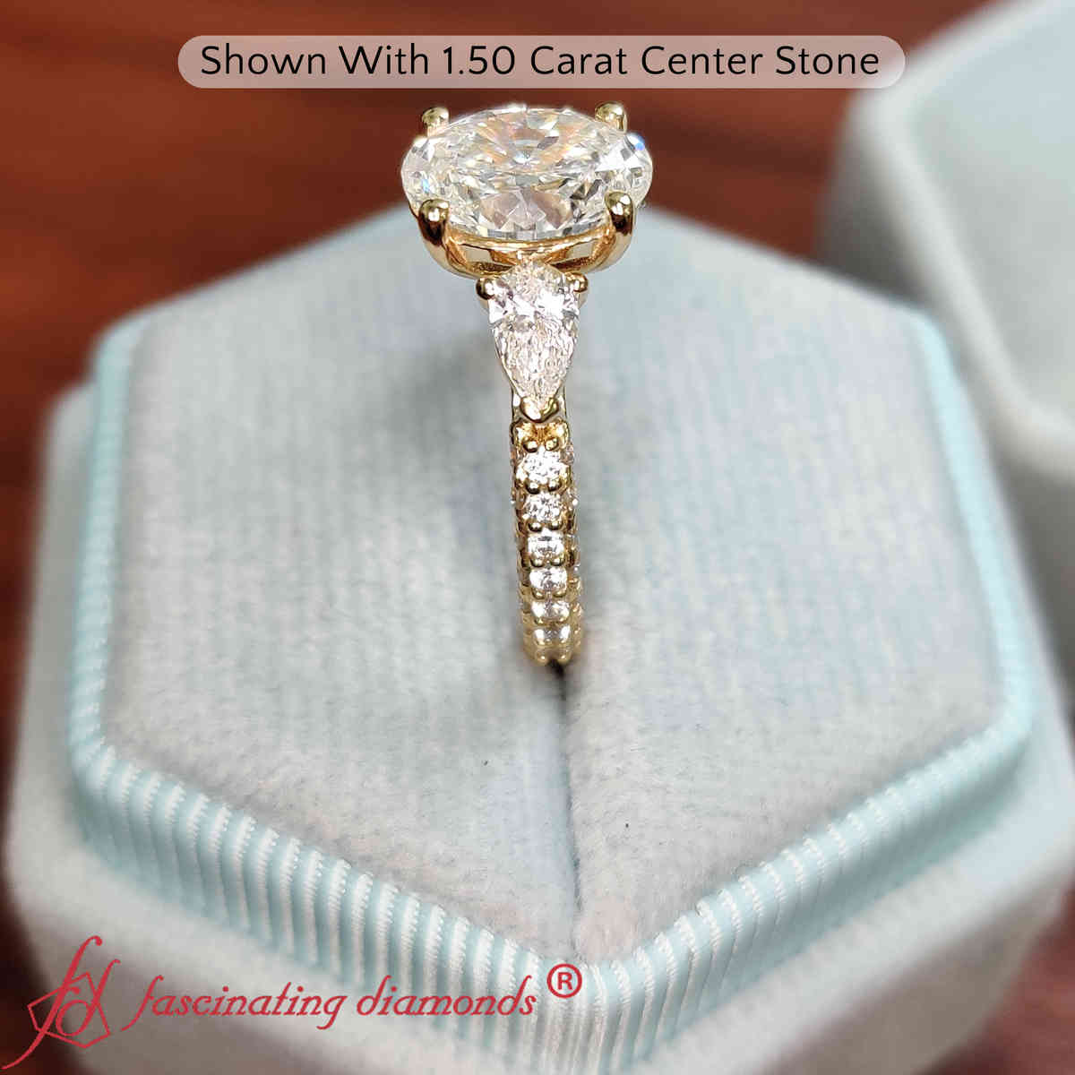 1.50 Ct. Oval Shaped Diamond 3 Stone Ring with 14K Yellow Gold White Diamond