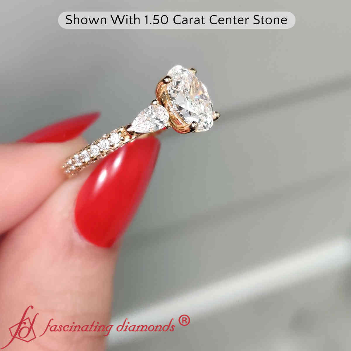 1.50 Ct. Oval Shaped Diamond 3 Stone Ring with 14K Yellow Gold White Diamond