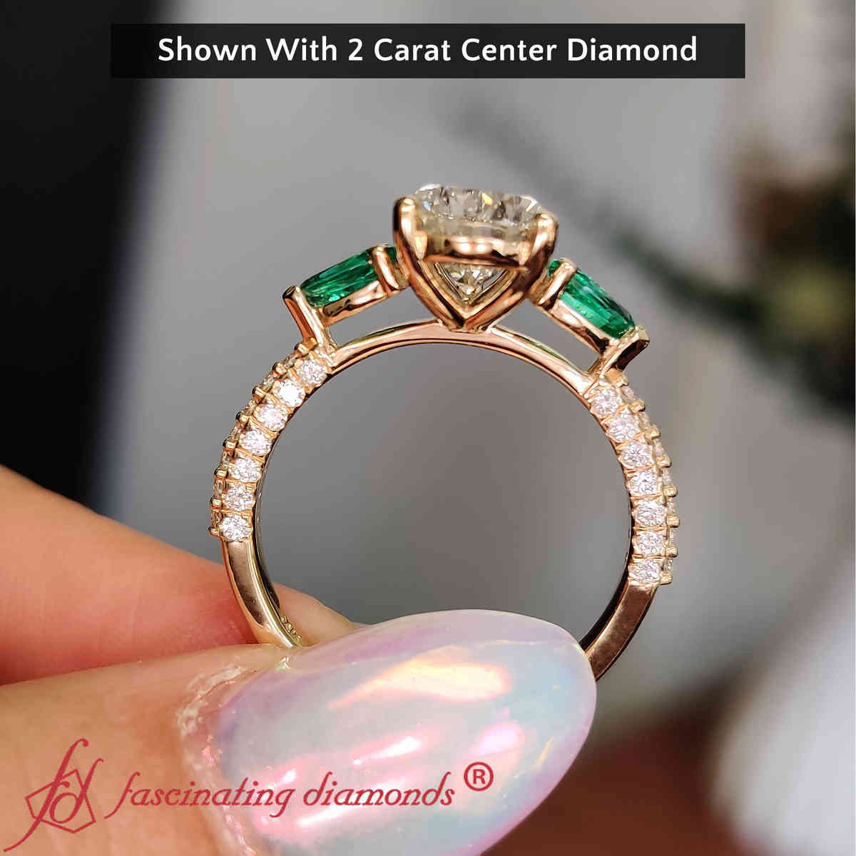 2 Carat Pear Shaped Lab Diamond 3 Row Big Ring with 14K Yellow Gold Green Emerald
