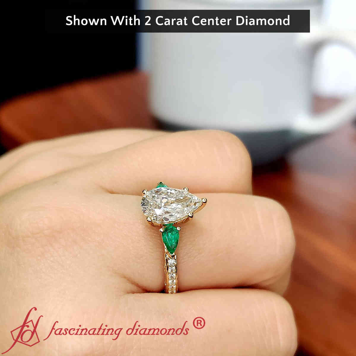 2 Carat Pear Shaped Lab Diamond 3 Row Big Ring with 14K Yellow Gold Green Emerald