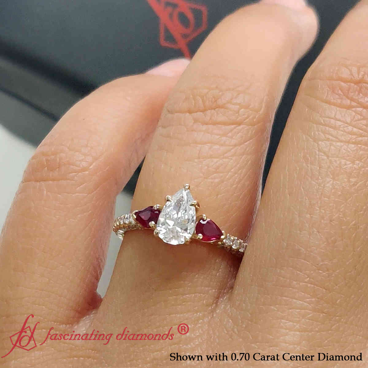 1.5 Carat Pear Shaped 3 Stone Pave Diamond Ring with 14K Yellow Gold Red Ruby