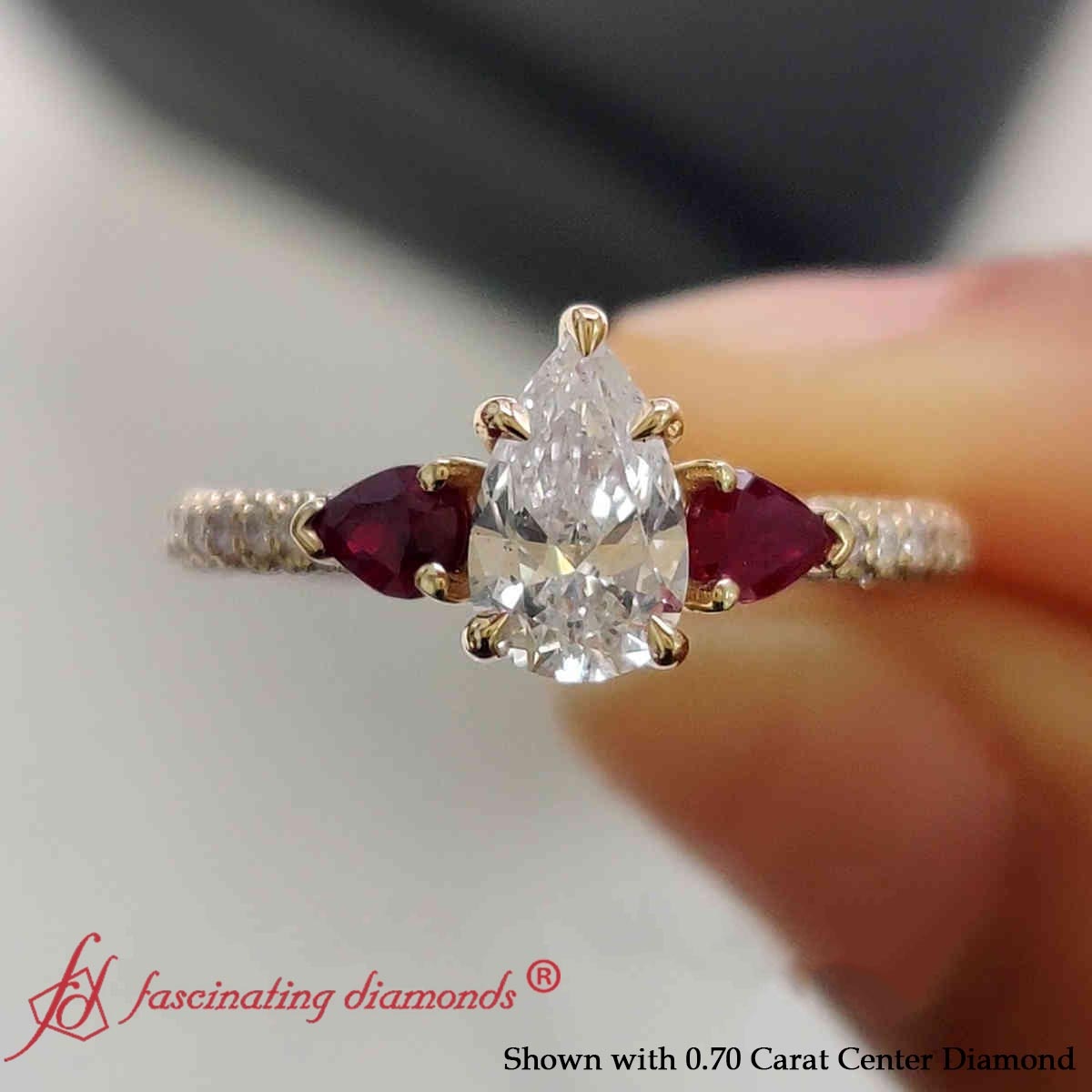 1.5 Carat Pear Shaped 3 Stone Pave Diamond Ring with 14K Yellow Gold Red Ruby