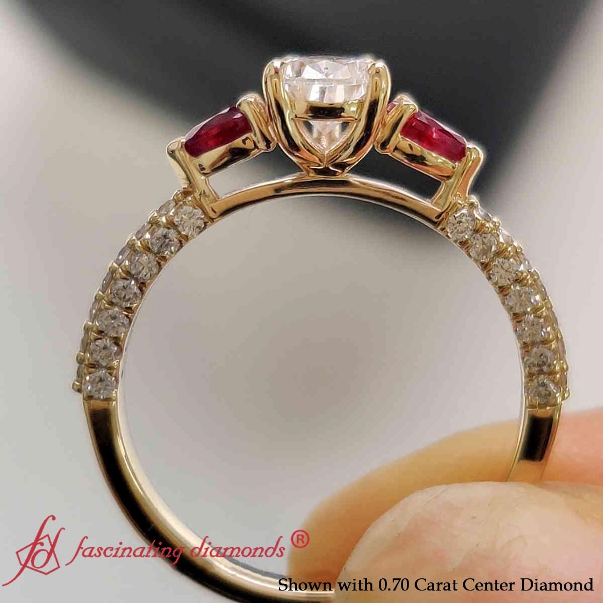 1.5 Carat Pear Shaped 3 Stone Pave Diamond Ring with 14K Yellow Gold Red Ruby