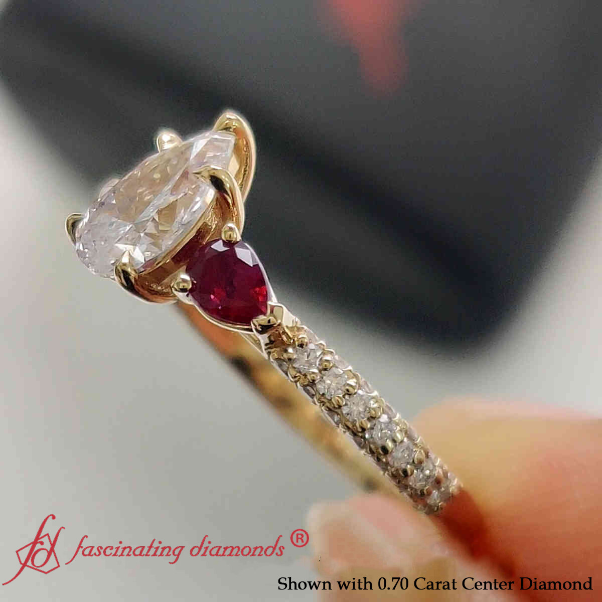 1.5 Carat Pear Shaped 3 Stone Pave Diamond Ring with 14K Yellow Gold Red Ruby