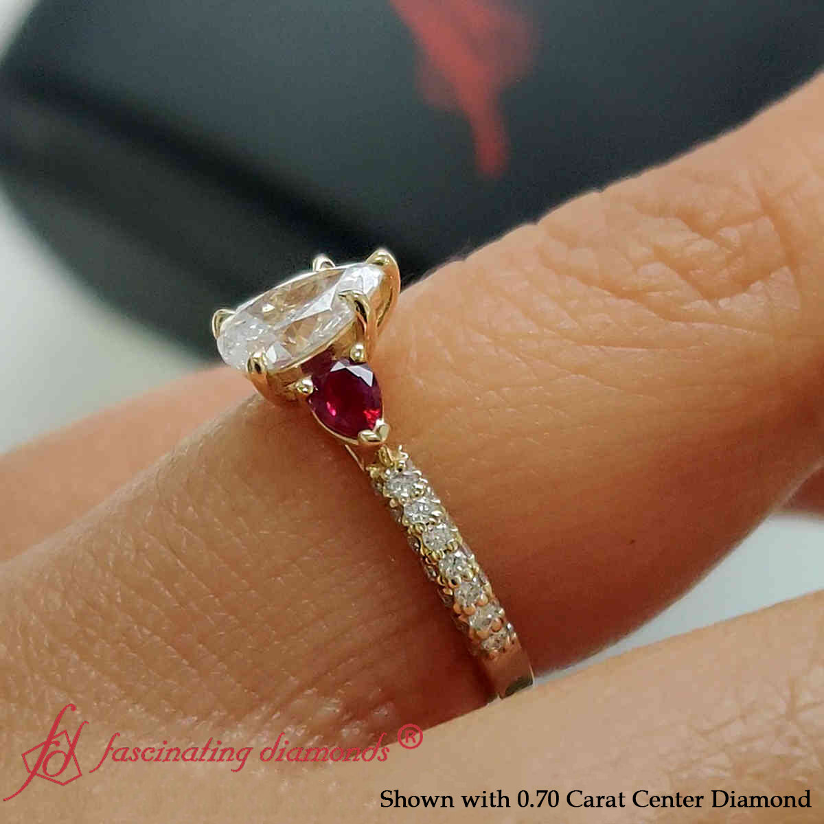 1.5 Carat Pear Shaped 3 Stone Pave Diamond Ring with 14K Yellow Gold Red Ruby